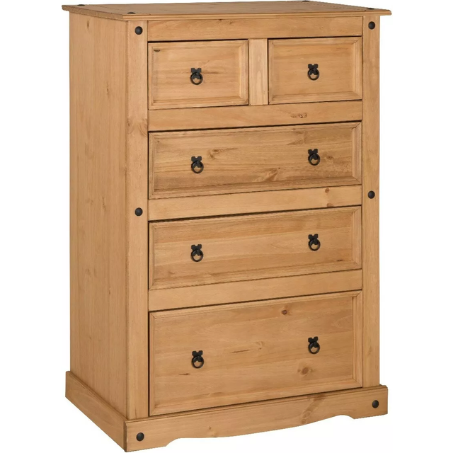Mercers Furniture Corona Compact 2+3 Chest Of 5 Drawers Solid Pine With Mexican Styling, Brown