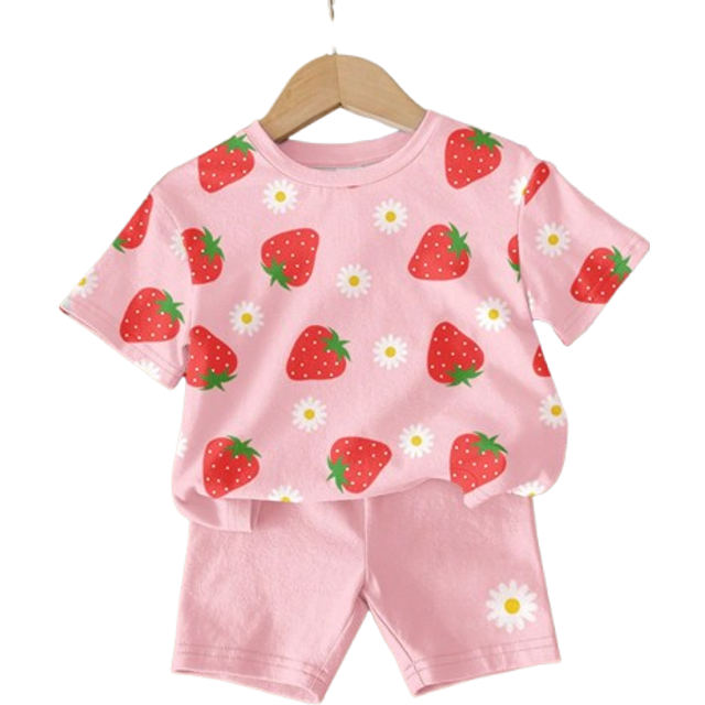 SHEIN 2pcs/Set Young Girl Casual Simple Strawberry & Daisy Floral Print Short Sleeve Round Neck T-Shirt And Shorts Set, Suitable For Summer Holiday