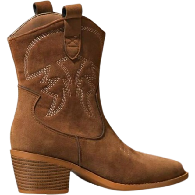 SHEIN 2025 New Embroidered Western Style Women Boots, Vintage Chunky Heel Brown Mid-Calf Cowboy Boots, Versatile
