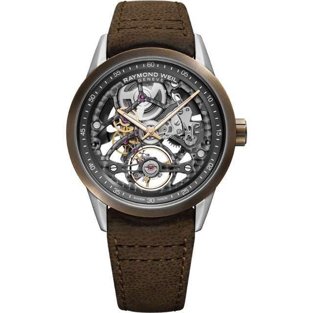 Raymond Weil Men's Freelancer 42 Calibre RW1212 Skeleton Automatic Leather Strap Watch, Bronze