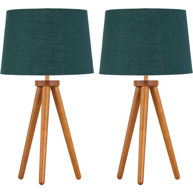 Set of 2 Dark Oak Table Lamp or Bedside Lights with Green Gold Shades