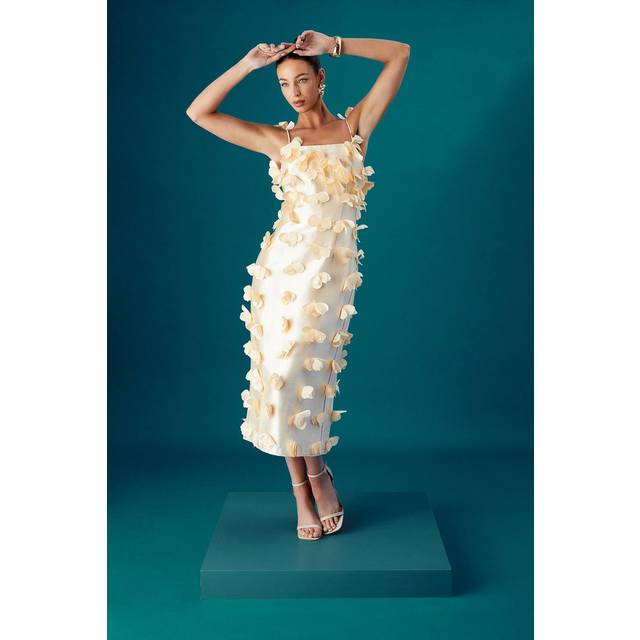 Coast Muse Strappy Satin Midi Dress With 3D Flowers - Yellow - 10