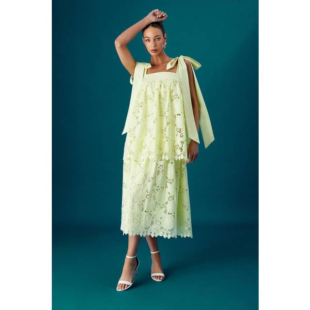 Coast Muse Lace Tie Shoulder Tiered Midi Wedding Guest Dress - Yellow - 16
