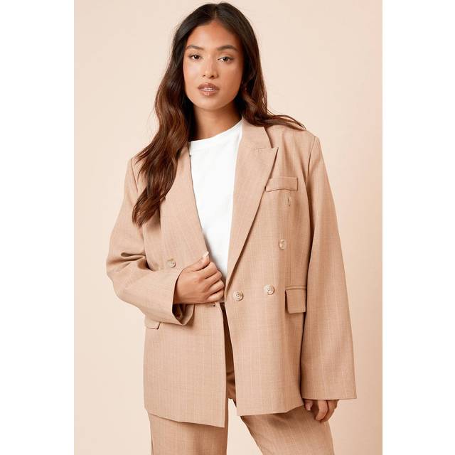 Womens Petite Oversized Double Breasted Stripe Blazer - Camel - 16