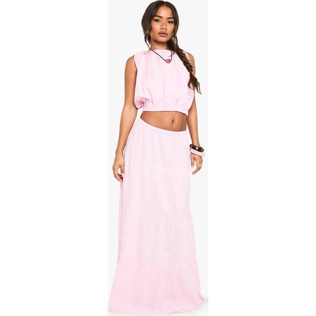 Womens Linen Maxi Tiered Skirt - Pink - 12, Pink