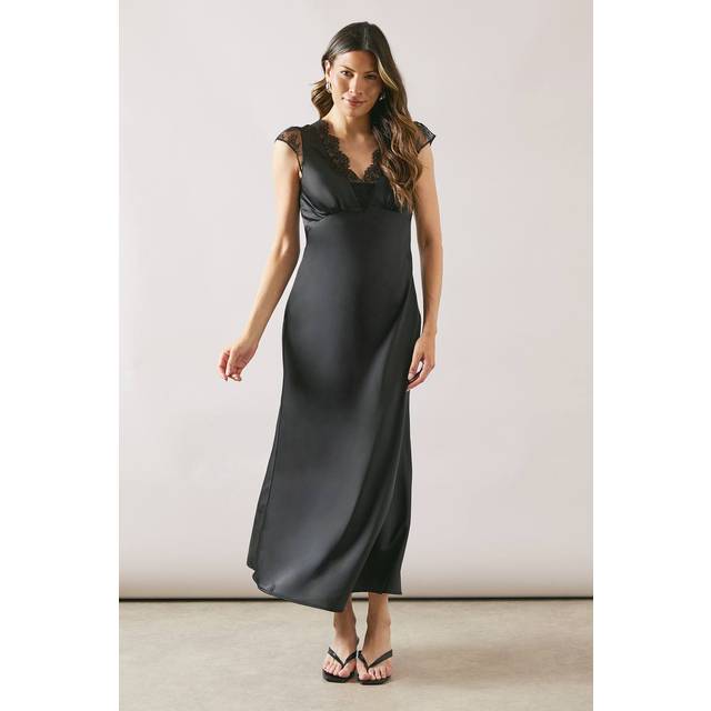 Womens Satin Lace Trim Bias Midaxi Dress - Black - 18