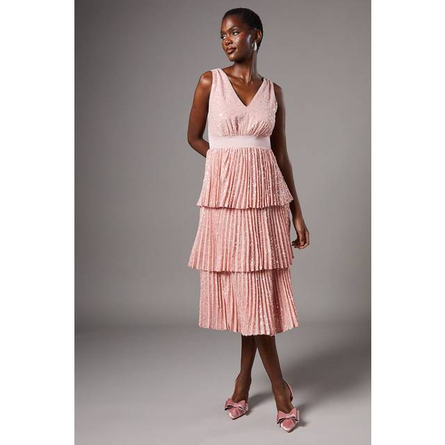 Sequin Tiered Midi Dress - Nude - 16