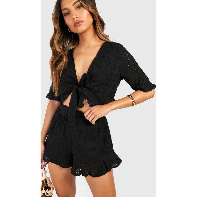 Womens Broderie Knot Top & Ruffle Hem Shorts - Black - 8