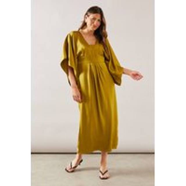 Womens Satin Cape Sleeve Midi Dress - Chartreuse - 12