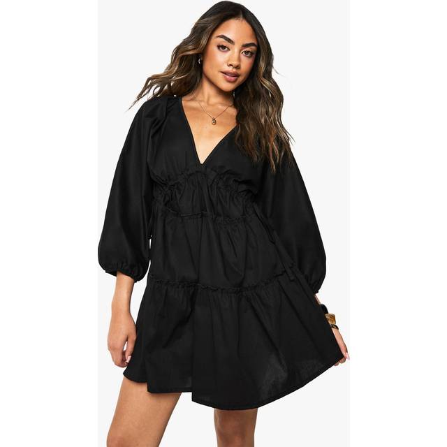 Womens Cotton Poplin Ruched Balloon Sleeve Smock Dress - Black - 16, Black