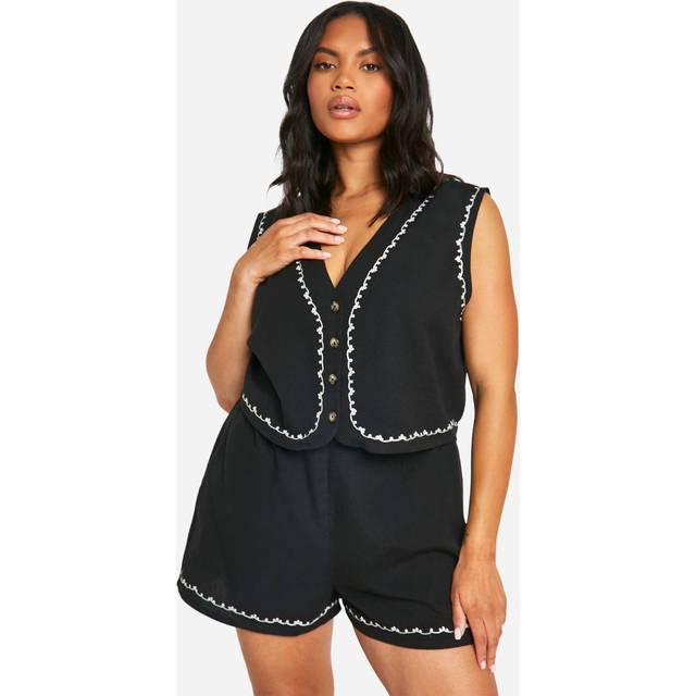 Womens Plus Embroidered Linen Look Waistcoat And Short Set - Black - 18, Black