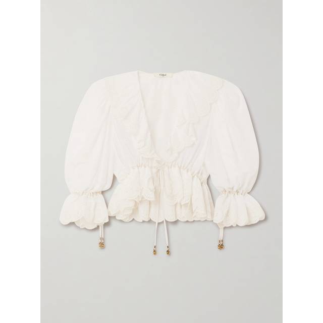 Chloé - Cropped Ruffled Broderie Anglaise Cotton-voile Blouse - White - FR 36