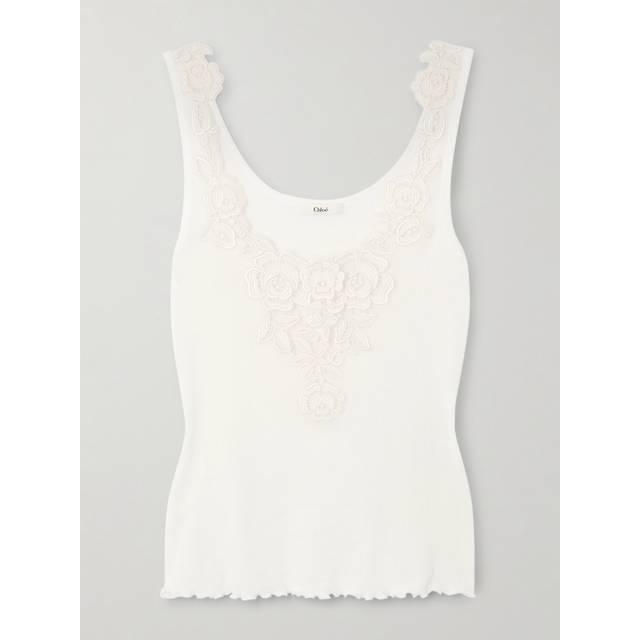 CHLOÉ Fitted tank top in cotton jersey & guipure White Size M 100% Cotton