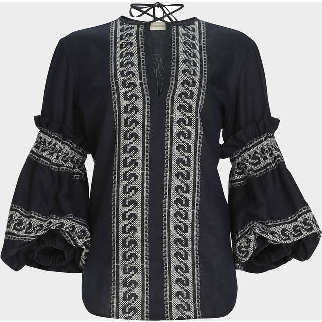 Lucaya Embroidered Balloon-Sleeve Blouse - NVYWHTEB - Large