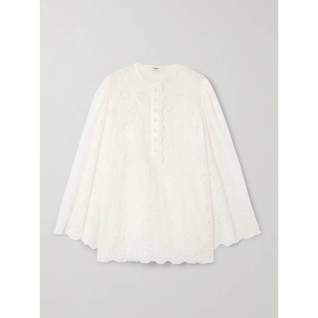 Chloé - Scalloped Broderie Anglaise Cotton-blend Mini Dress - White - FR 40