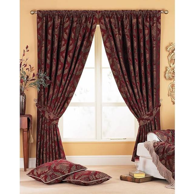 Paoletti Shiraz Burgundy and Brown Floral Jacquard Pencil Pleat Curtain 229 x 229cm - W 229 x D 229cm