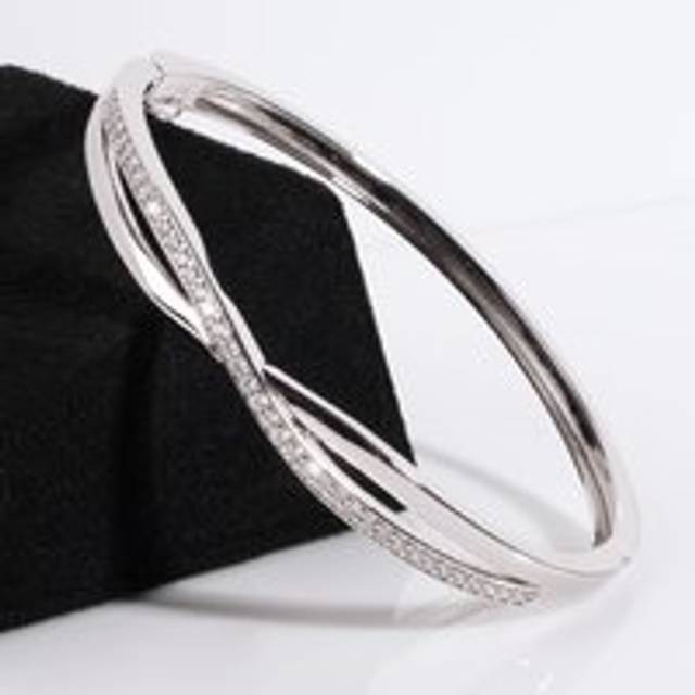 John Greed Signature Silver CZ & Plain Crossover Bangle For Women - silver