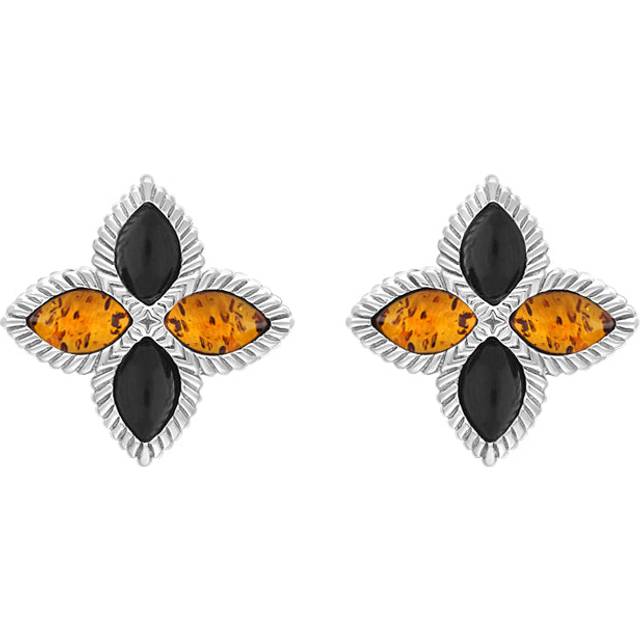 9ct White Gold Whitby Jet And Amber Eden Marquise Flower Stud Earrings