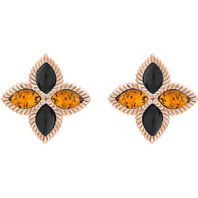 9ct Rose Gold Whitby Jet And Amber Eden Marquise Flower Stud Earrings