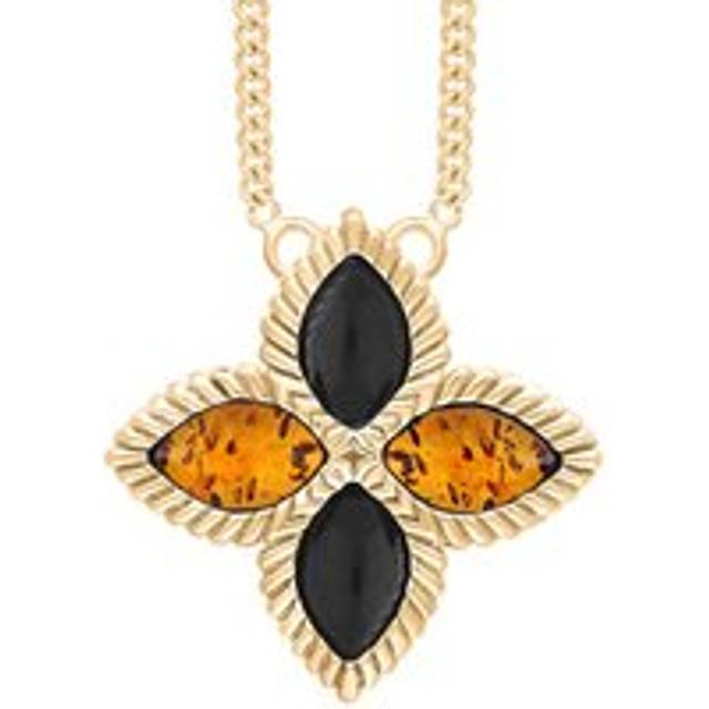9ct Yellow Gold Whitby Jet And Amber Eden Large Marquise Flower Necklace