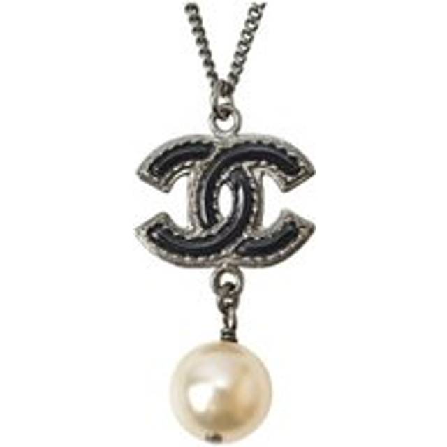 Womens Preloved CC Pearl Pendant Necklace Black Enamel Pearl Wo - One Size