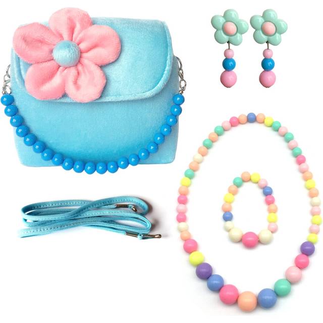 Elesa Miracle Little Girl Bag Beauty Set Plush Handbag + Flower-Shaped Clip-on Earrings + Necklace and Bracelet Set (Blue)