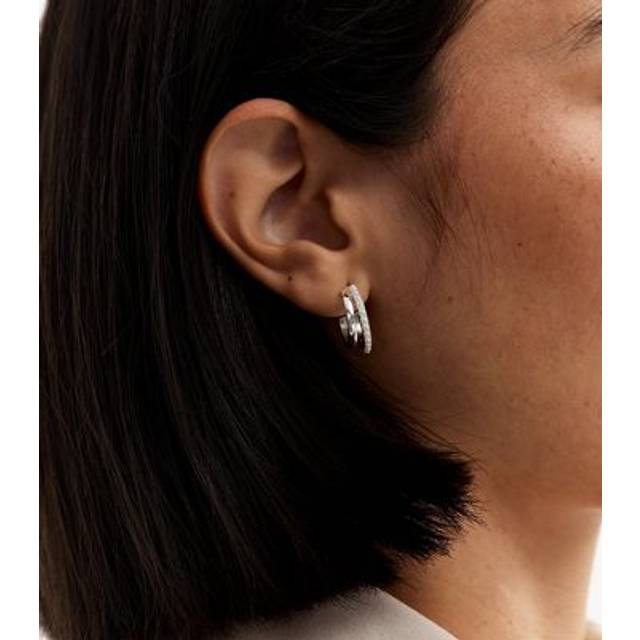 New Look Silver Tone Faux Pearl Double Row Hoop Earrings