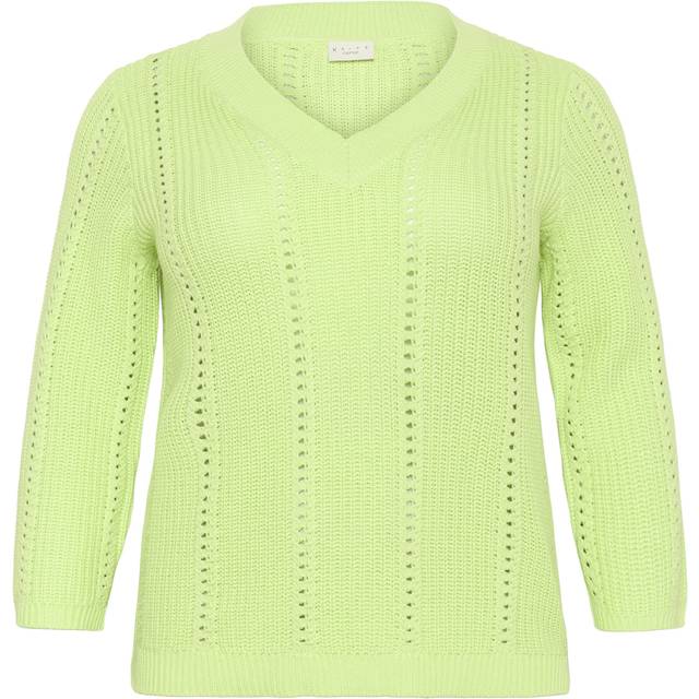 Kaffe Curve, V-neck Knitwear, female, Green, XL, Green Cropped Sleeve Knit Jumper