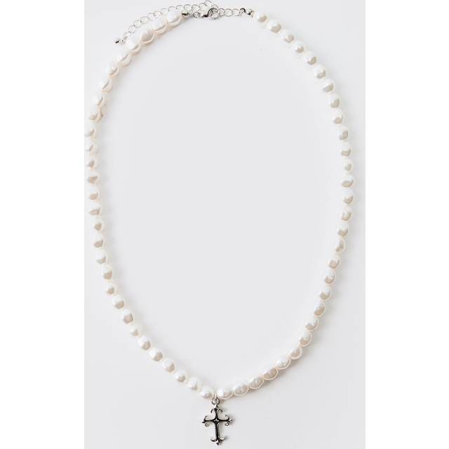 Gothic Cross Mock Pearl Necklace - White - One Size