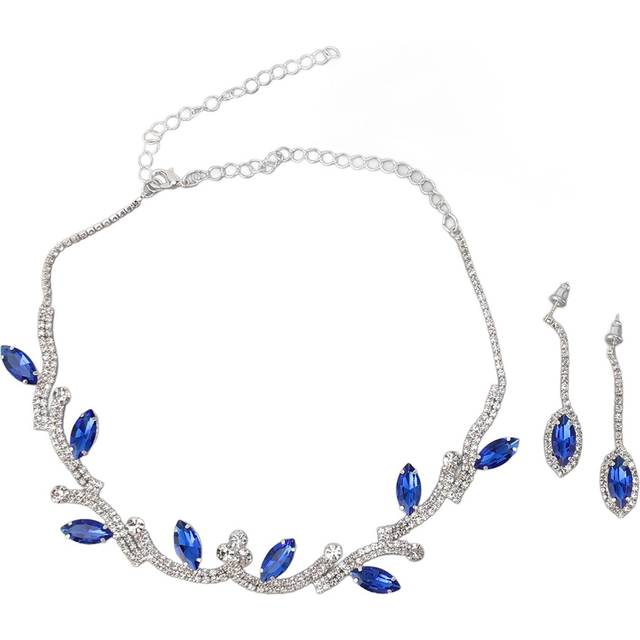 Women Necklace Earring Set Rhinestone Leaves Bride Wedding Jewelry Set for Birthday Party Royal