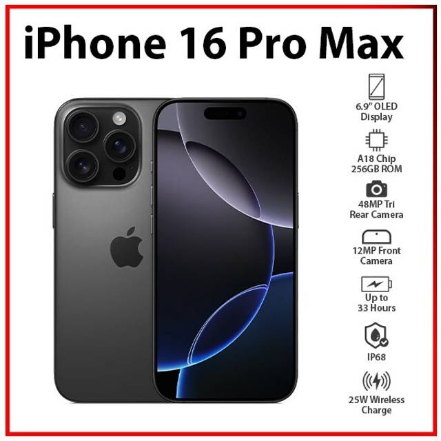 Apple iphone 16 pro max 8gb+256gb black titanium unlocked ios mobile phone