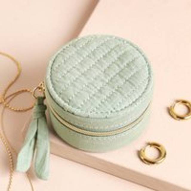 Quilted Mini Round Travel Jewellery Case in Mint - blue - one size