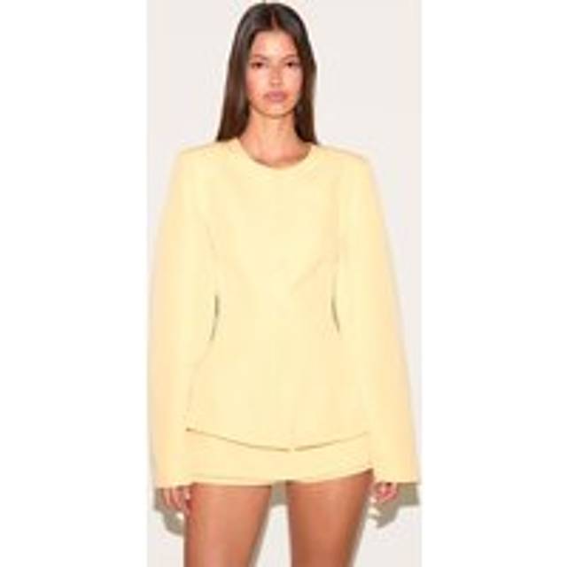 Lemon Woven Cinched Waist Cocoon Sleeve Button Up Blazer, Lemon - 10
