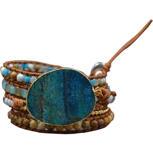Leather Wrap Beaded Bracelet Huge Ocean Stone Gold