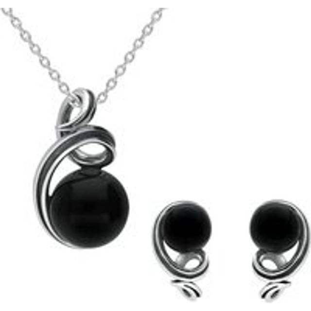 Sterling Silver Whitby Jet Round Open Loop Top Two Piece Set