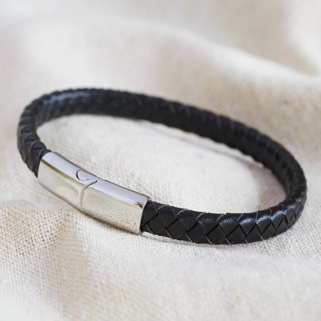 Men's Black Woven Leather Bracelet with Shiny Clasp - black