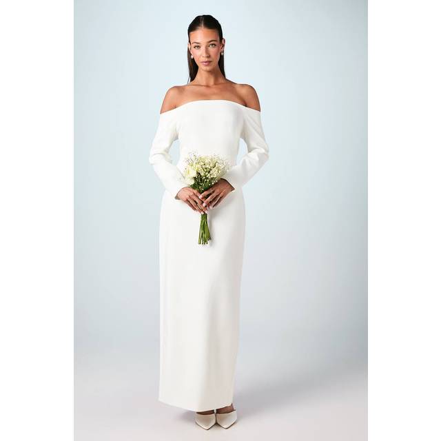 Bardot Long Sleeve Crepe Column Wedding Dress - Ivory - 16