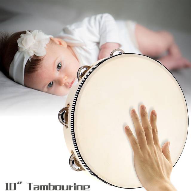 10  Hand Held Tambourine Drum Bell Birch Metal Jingles Percussion Musical Educational Instrument