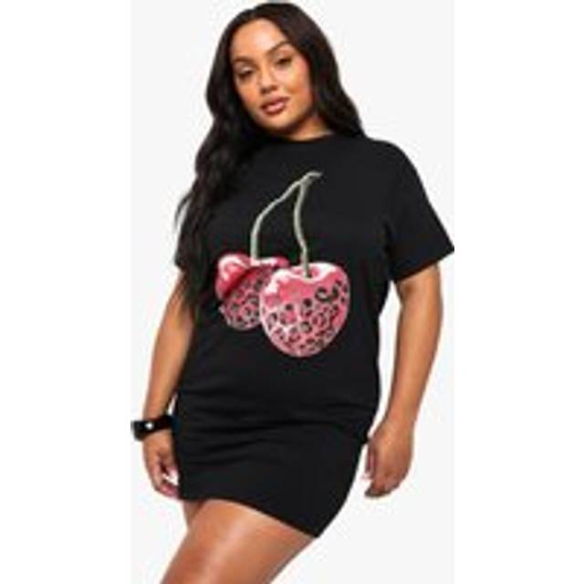 Womens Plus Leopard Cherry Oversized T-Shirt Dress - Black - 20, Black