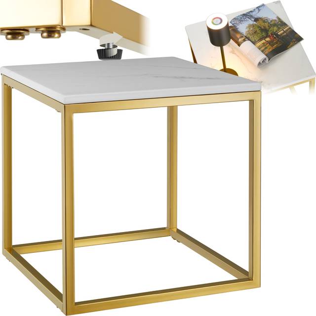 Side Table Alysia - marble top, square design - white/gold