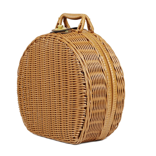 Round Rattan Suitcase Basket, Vintage Woven Storage Wicker Box with Handles,