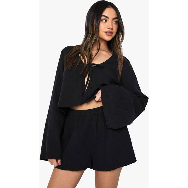 Womens Cheesecloth Elasticated Waist Shorts - Black - 12