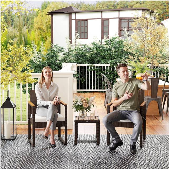 Outsunny 3-Piece Rattan Bistro Set with Acacia Wood Table, White
