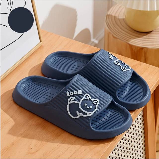 (Blue, 44-45) Cute Cartoon Kitten Women's Summer Slippers Indoor Bathroom Cloudy Soft Sole Non-slip Leisure Comfort Couple Home Shoes