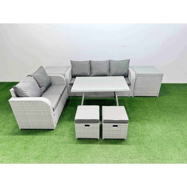 Fimous - Outdoor pe Rattan Garden Furniture Set Rectangular Dining Table Sofa Set with 2 Small Stool 2 Side Tables Light Grey