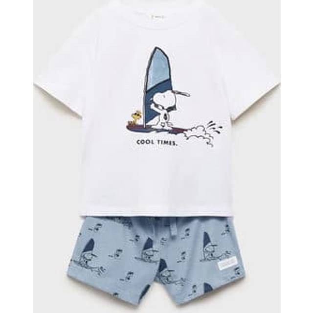 Mango Kids' Cotton Snoopy Short Pyjama Set, Medium Blue