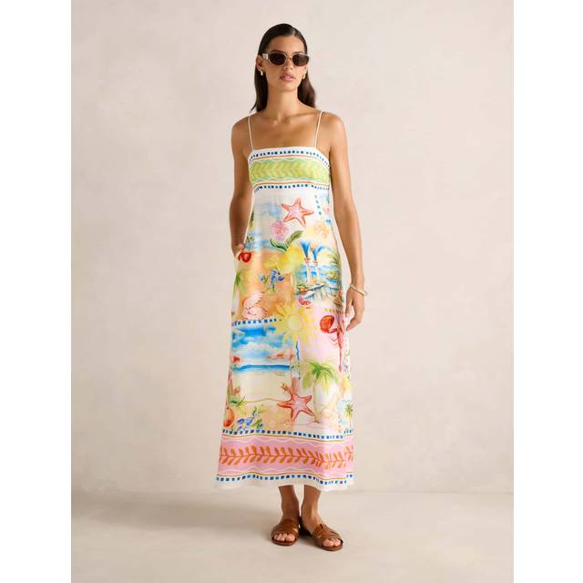 Forever New Amari Beach Print Linen Blend Midi Dress, Multi
