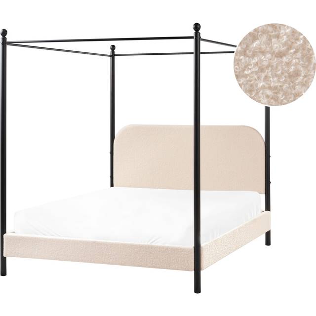 Retro Minimalist eu Double Size Canopy Bed Black Metal Frame Slats Poplar Wood Boucle Upholstery Beige Dannemois