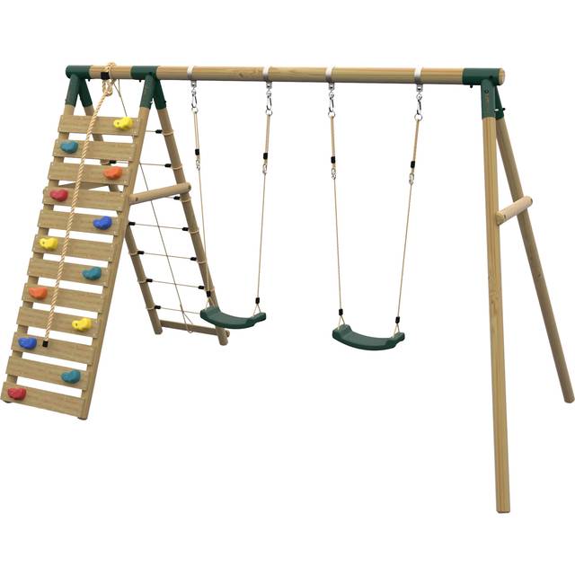 Plum Uakari Wooden Swing Set - Double Swing & Climbing Wall - Green, Brown