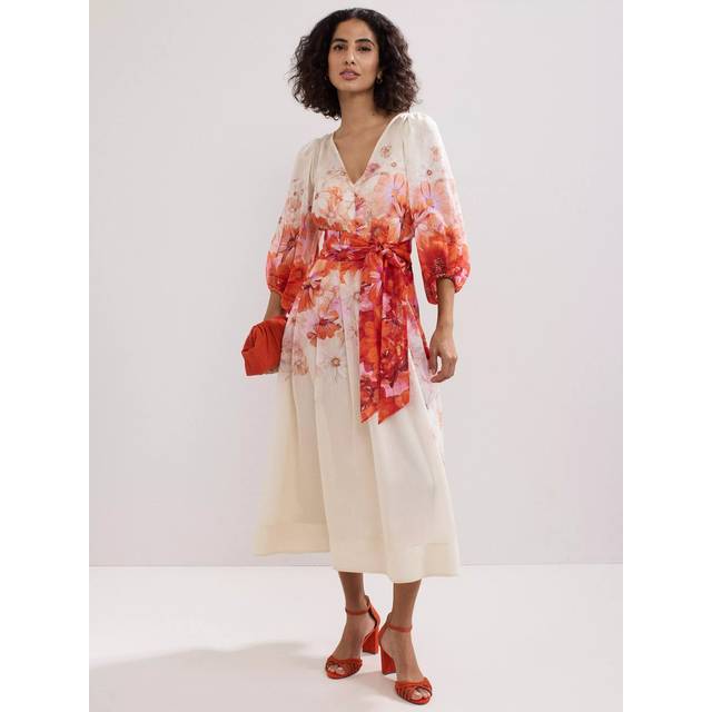 Phase Eight Jaslyn V-Neck Floral Print Linen Blend Midi Dress